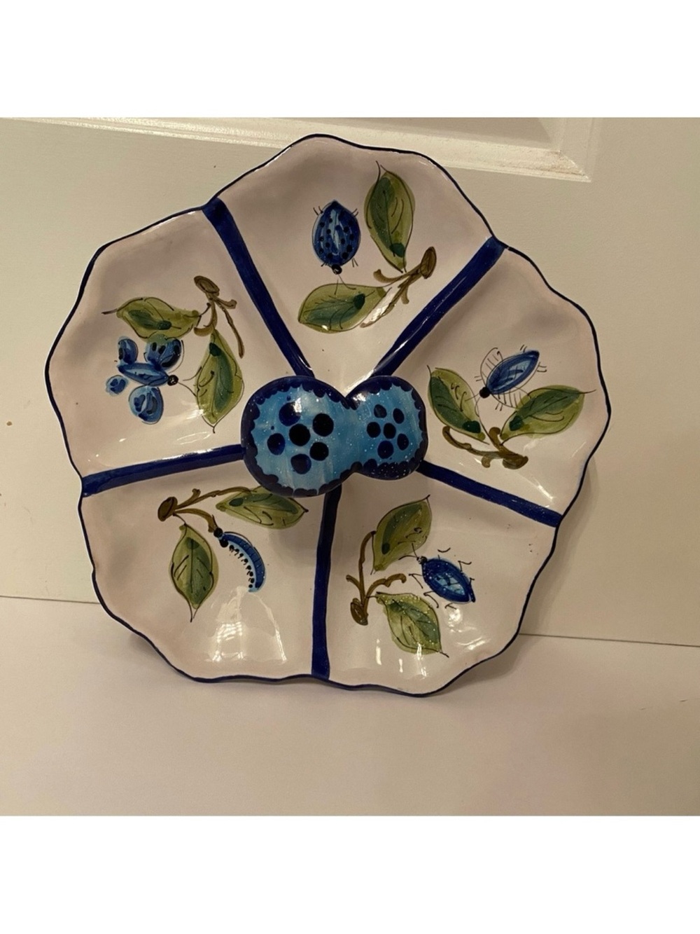 ITALY SERVE WARE DIVIDED DISH HAND PAINTED WHITE BLUE 3D MUSHROOMS HOME DINING